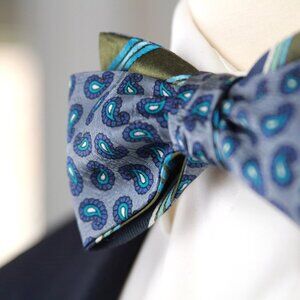 Men's bow tie 100%Silk Self tied Bow tie‎ Straight Blue Green Paisley